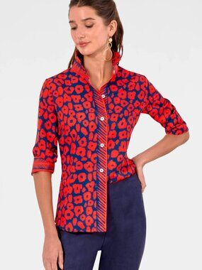 Gretchen Scott Orange-Red and Blue Patterned Blouse Sz XS
